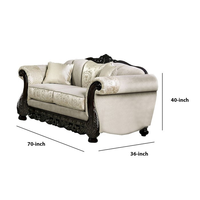 Chenille Fabric Upholstered Loveseat with Arched Back, Beige and Brown