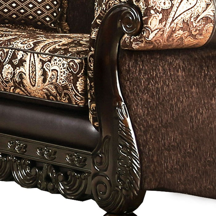 Patterned Fabric Upholstered Loveseat with Rolled Arms, Brown and Gold