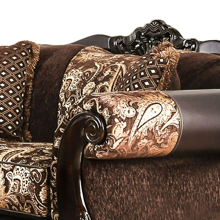 Patterned Fabric Upholstered Loveseat with Rolled Arms, Brown and Gold