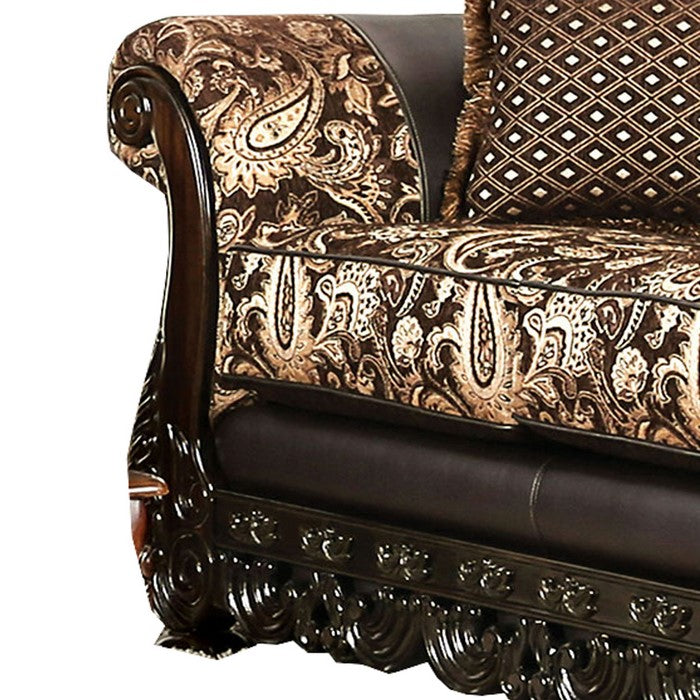 Patterned Fabric Upholstered Loveseat with Rolled Arms, Brown and Gold