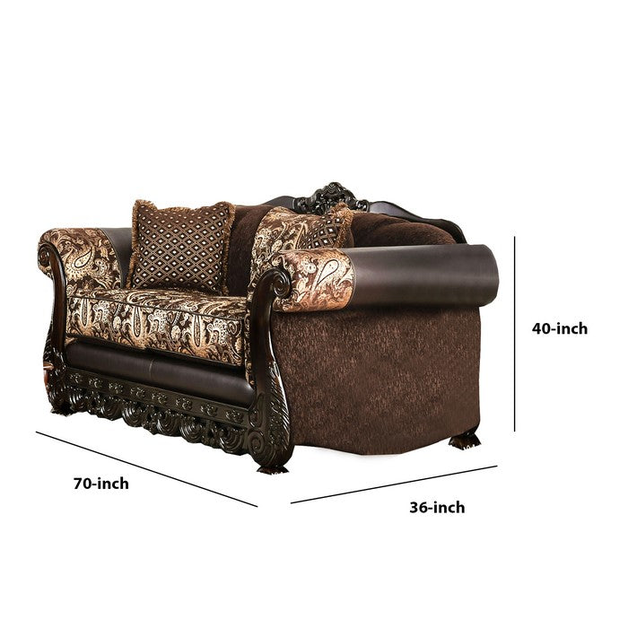 Patterned Fabric Upholstered Loveseat with Rolled Arms, Brown and Gold