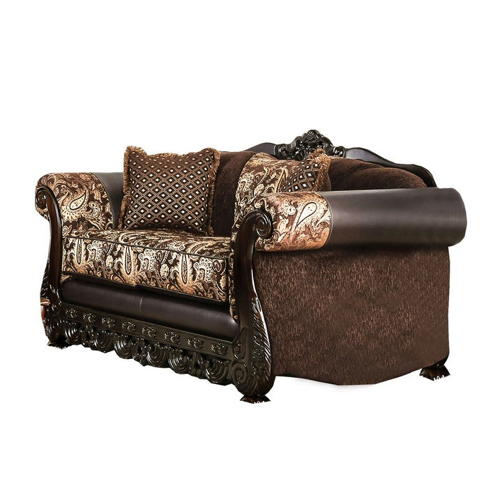 Patterned Fabric Upholstered Loveseat with Rolled Arms, Brown and Gold