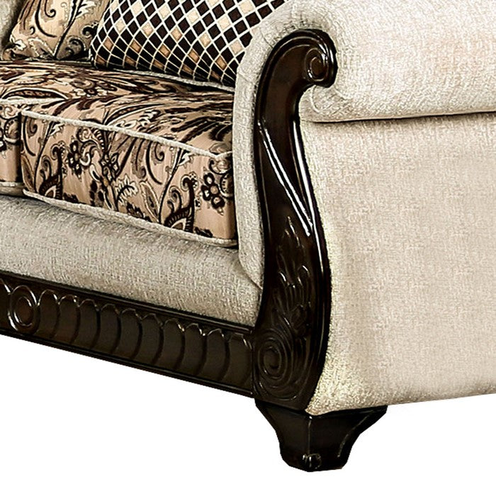 Fabric Upholstered Wooden Loveseat with Rolled Armrest, Beige and Brown
