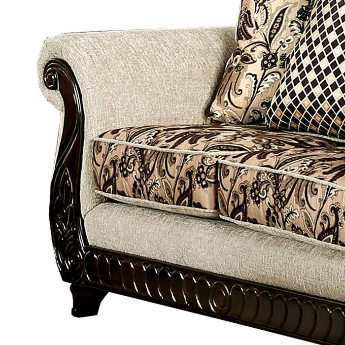 Fabric Upholstered Wooden Loveseat with Rolled Armrest, Beige and Brown