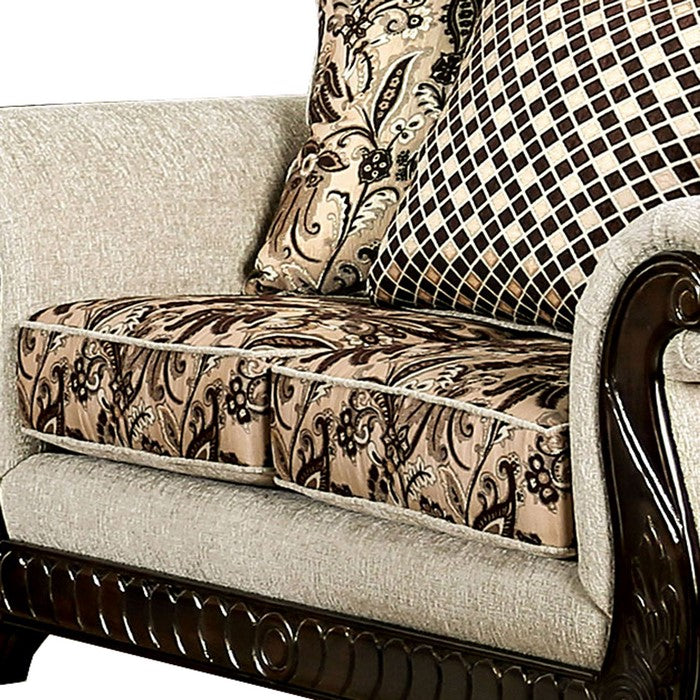 Fabric Upholstered Wooden Loveseat with Rolled Armrest, Beige and Brown