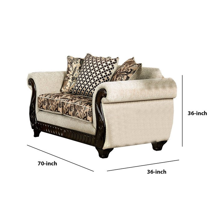 Fabric Upholstered Wooden Loveseat with Rolled Armrest, Beige and Brown
