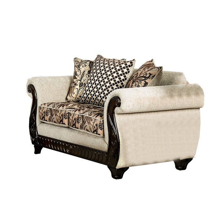 Fabric Upholstered Wooden Loveseat with Rolled Armrest, Beige and Brown