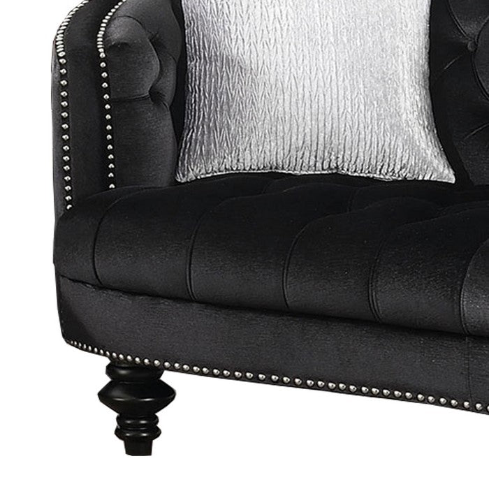Button Tufted Wooden Loveseat with Flannelette Fabric Upholstery,Black