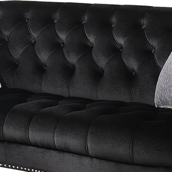 Button Tufted Wooden Loveseat with Flannelette Fabric Upholstery,Black