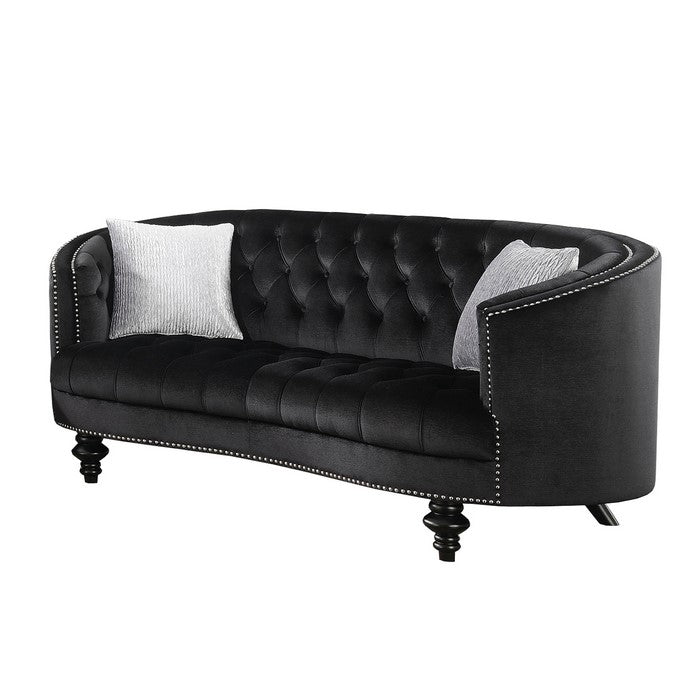 Button Tufted Wooden Loveseat with Flannelette Fabric Upholstery,Black