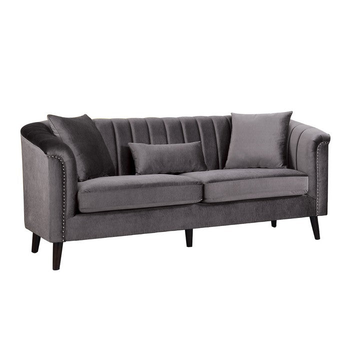Chenille Fabric Upholstered Wooden Sofa with Shell Tufting, Gray