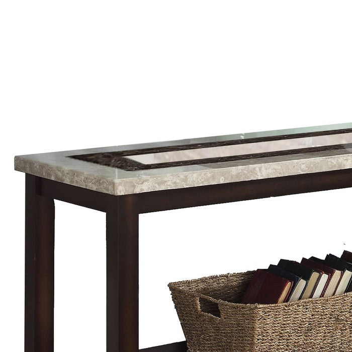 Transitional Sofa Table with Rectangular Marble Top, Brown