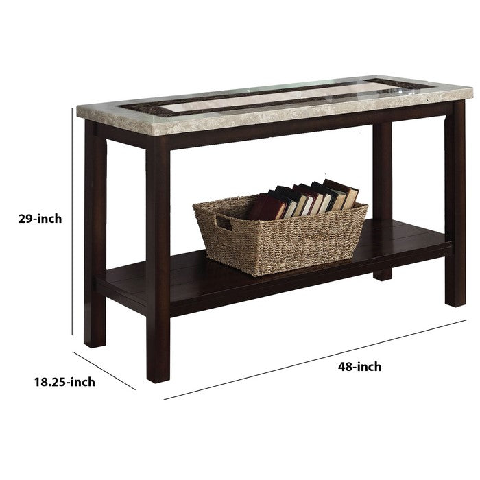 Transitional Sofa Table with Rectangular Marble Top, Brown
