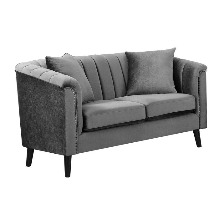 Chenille Fabric Upholstered Wooden Loveseat with Shell Tufting, Gray