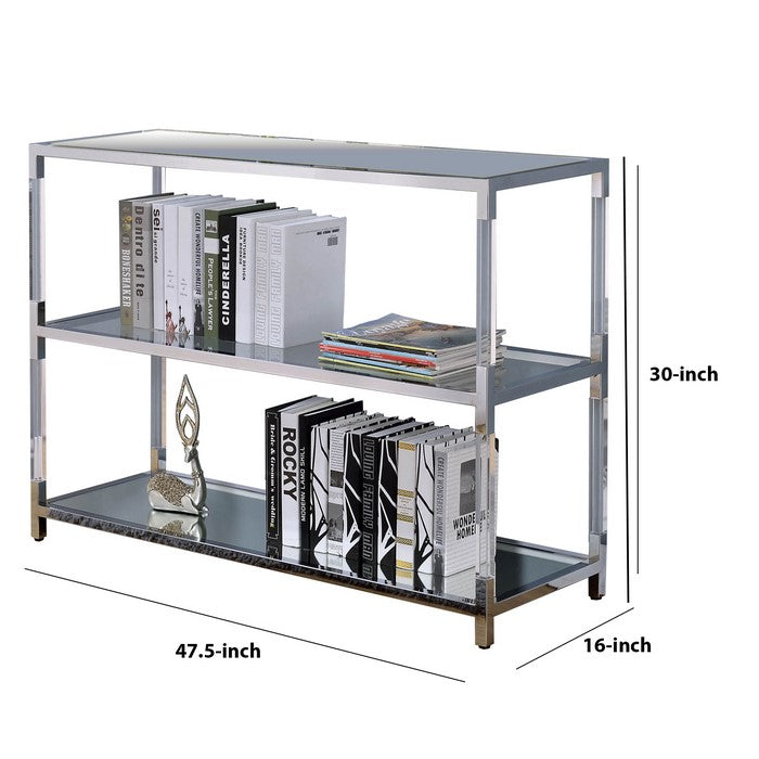 Metal and Glass Sofa Table with 2 Open Shelves, Silver and Clear