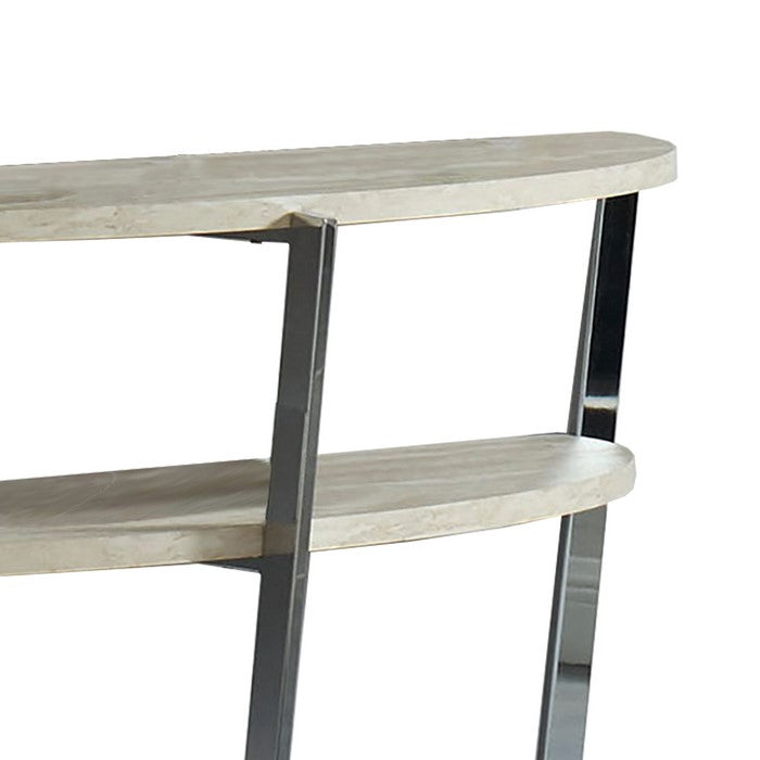 Round Wooden Sofa Table with Crossed Legs, Beige and Silver