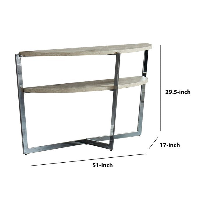 Round Wooden Sofa Table with Crossed Legs, Beige and Silver