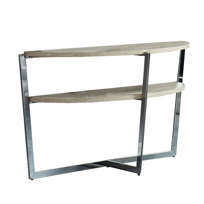 Round Wooden Sofa Table with Crossed Legs, Beige and Silver