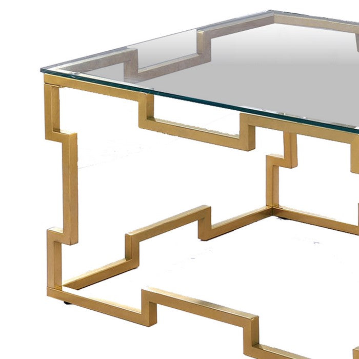 Metal Coffee Table with Geometric Structure Base, Gold and Clear