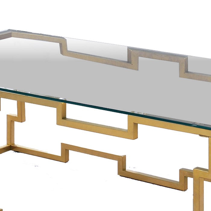 Metal Coffee Table with Geometric Structure Base, Gold and Clear