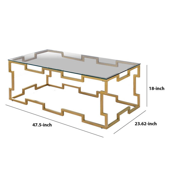 Metal Coffee Table with Geometric Structure Base, Gold and Clear