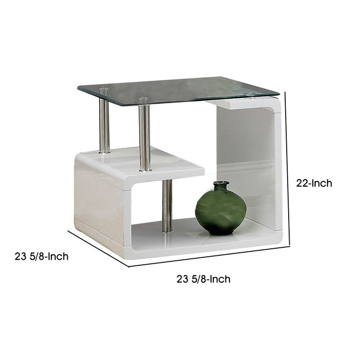 Contemporary End Table with Multi Level Curled Open Shelf, White