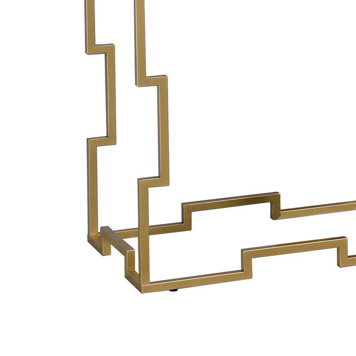 Metal Sofa Table with Geometric Structure Base, Gold and Clear