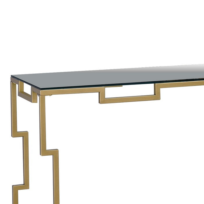 Metal Sofa Table with Geometric Structure Base, Gold and Clear