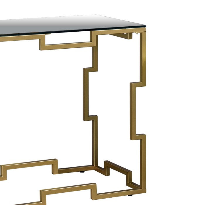 Metal Sofa Table with Geometric Structure Base, Gold and Clear