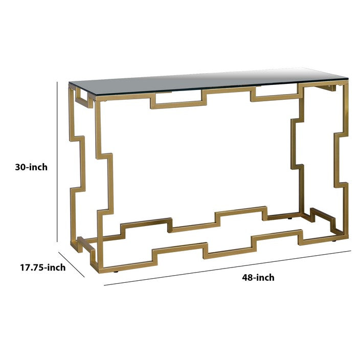 Metal Sofa Table with Geometric Structure Base, Gold and Clear