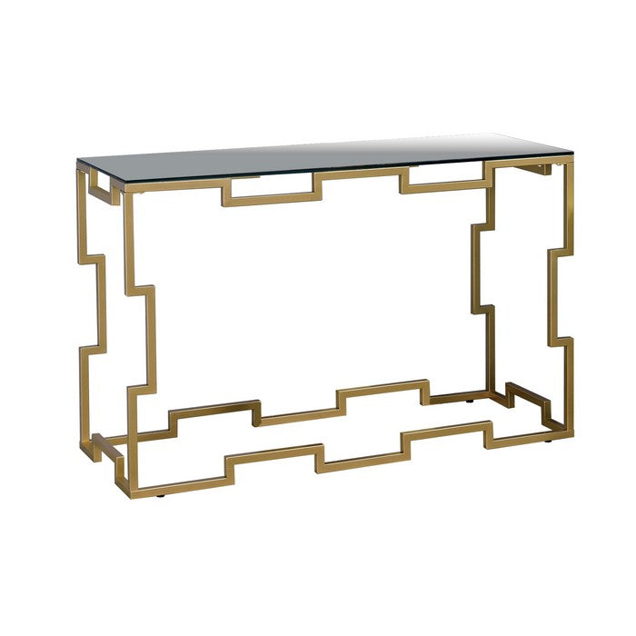 Metal Sofa Table with Geometric Structure Base, Gold and Clear