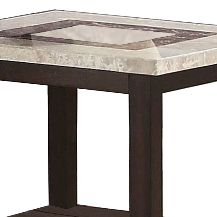 Transitional End Table with Rectangular Marble Top, Brown