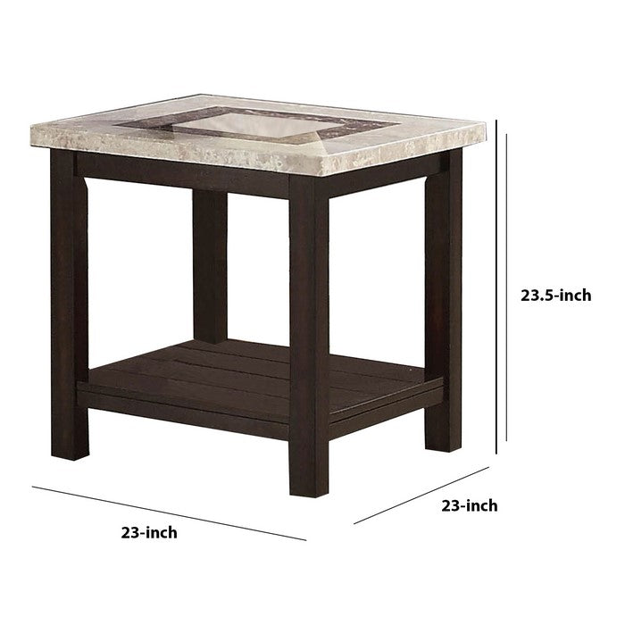 Transitional End Table with Rectangular Marble Top, Brown