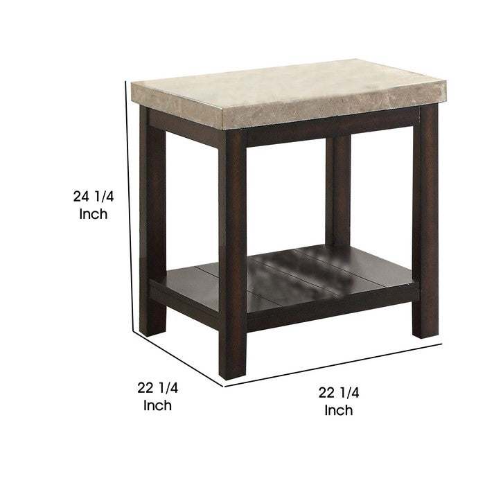 Transitional End Table with Genuine Marble Top, Brown