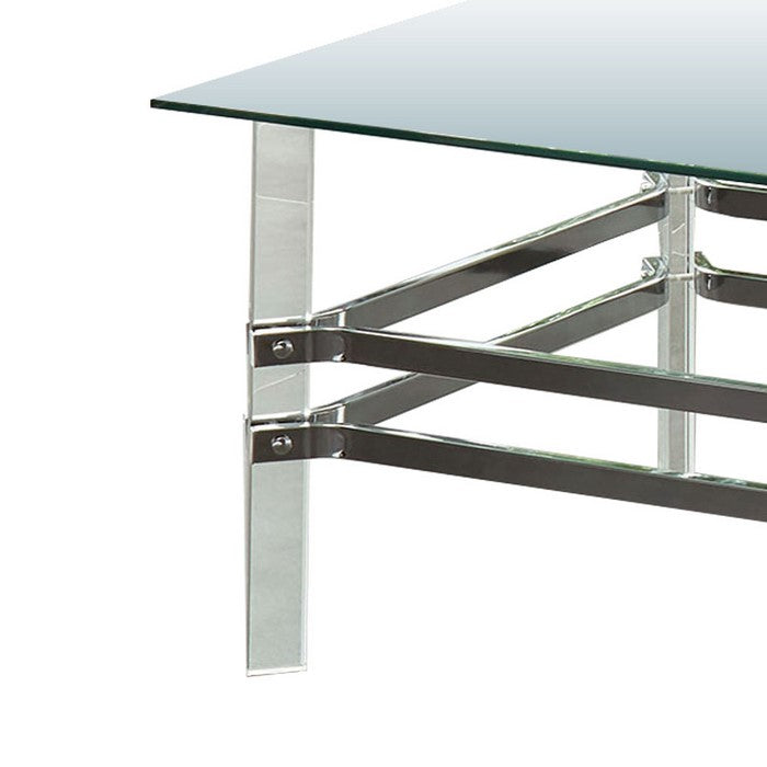 Glass and Metal Coffee Table with Tubular Legs, Silver and Clear