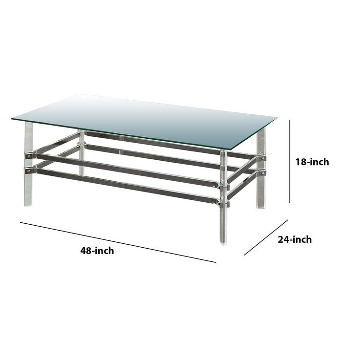 Glass and Metal Coffee Table with Tubular Legs, Silver and Clear