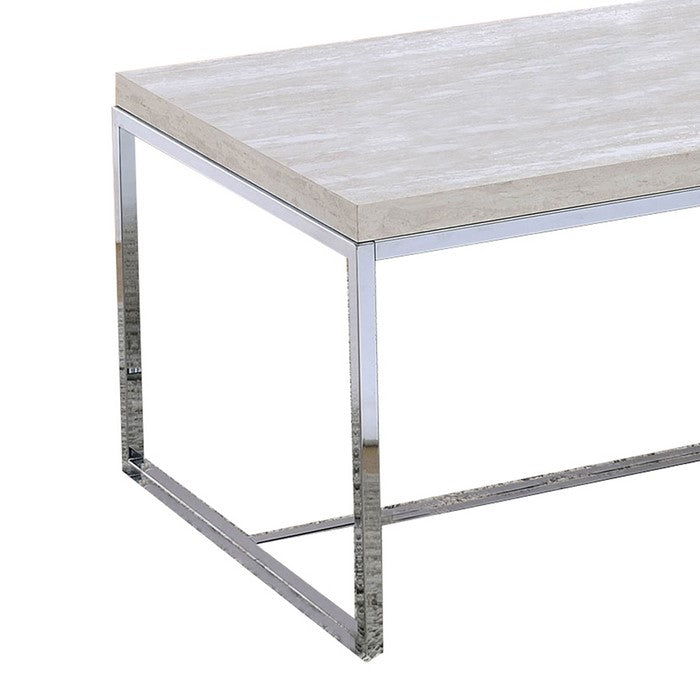 Wood and Metal Coffee Table with Sled Base ,White and Silver