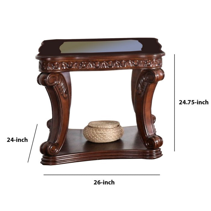 Traditional End Table with Cabriole Legs and Wooden Carving, Brown