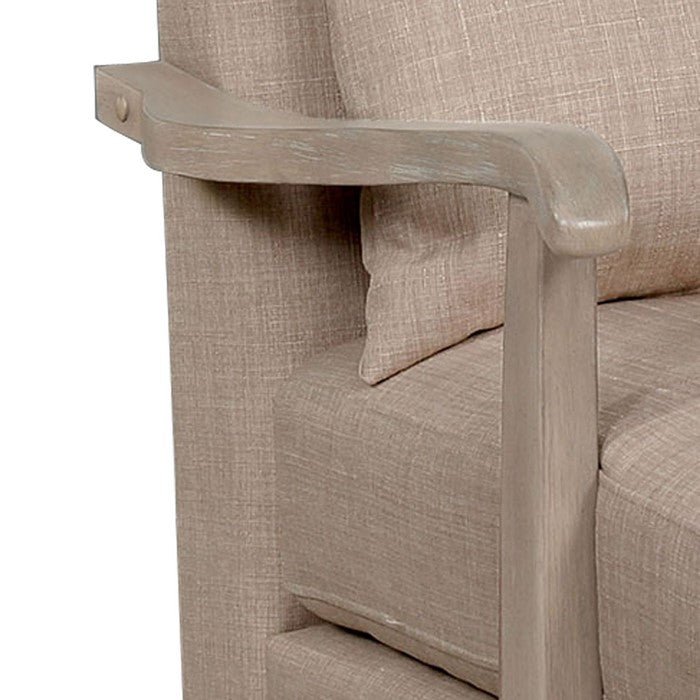 Wooden Accent chair with Box Cushion Seat and Curling Armrests, Beige
