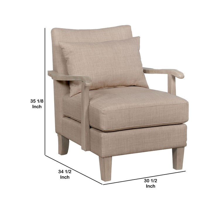 Wooden Accent chair with Box Cushion Seat and Curling Armrests, Beige