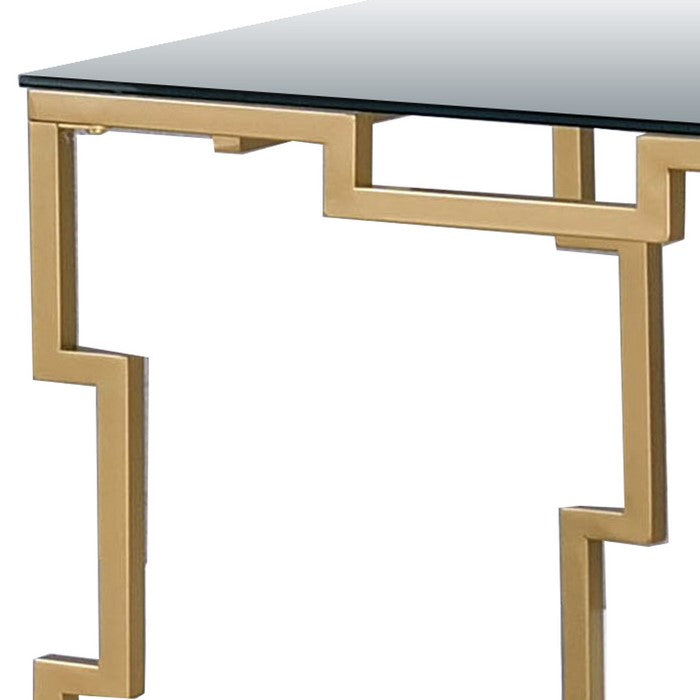 Metal End Table with Geometric Structure Base, Gold and Clear