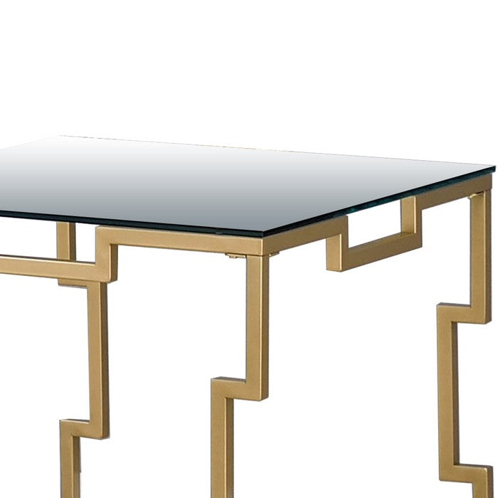 Metal End Table with Geometric Structure Base, Gold and Clear