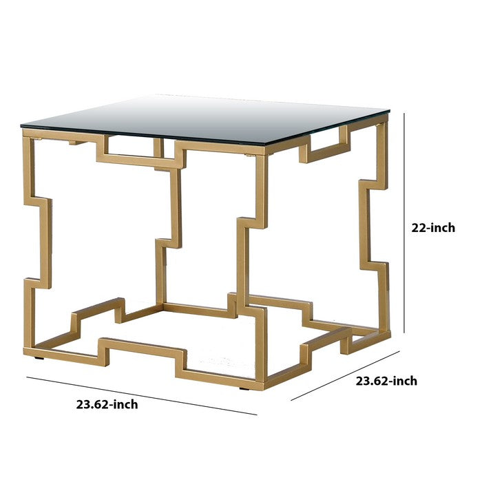 Metal End Table with Geometric Structure Base, Gold and Clear