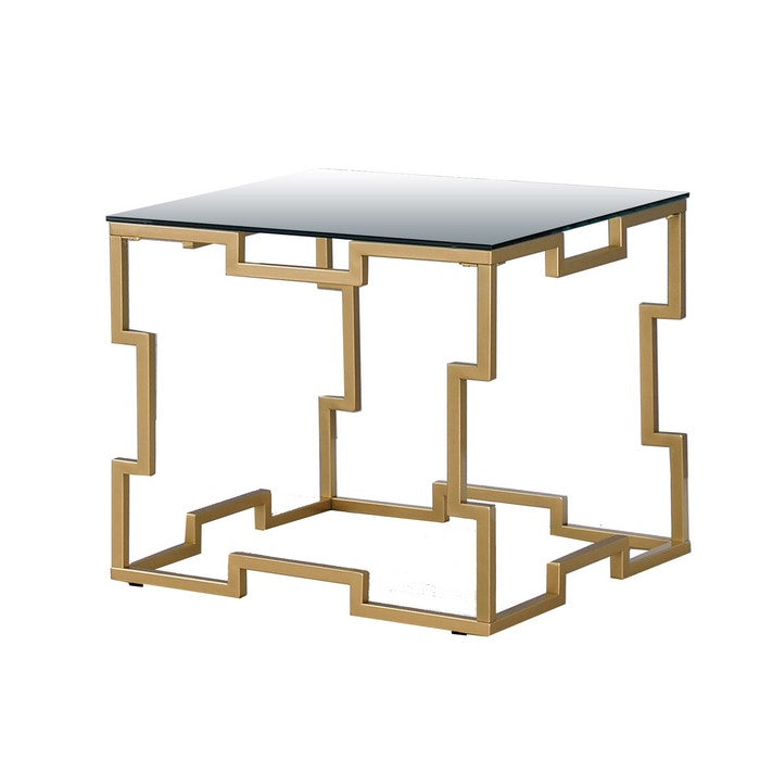 Metal End Table with Geometric Structure Base, Gold and Clear