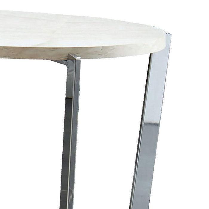 End Table with Round Wooden Top and Crossed Legs, Beige and Silver