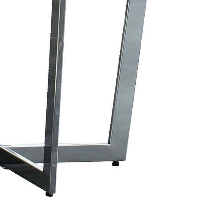 End Table with Round Wooden Top and Crossed Legs, Beige and Silver