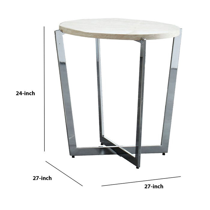 End Table with Round Wooden Top and Crossed Legs, Beige and Silver