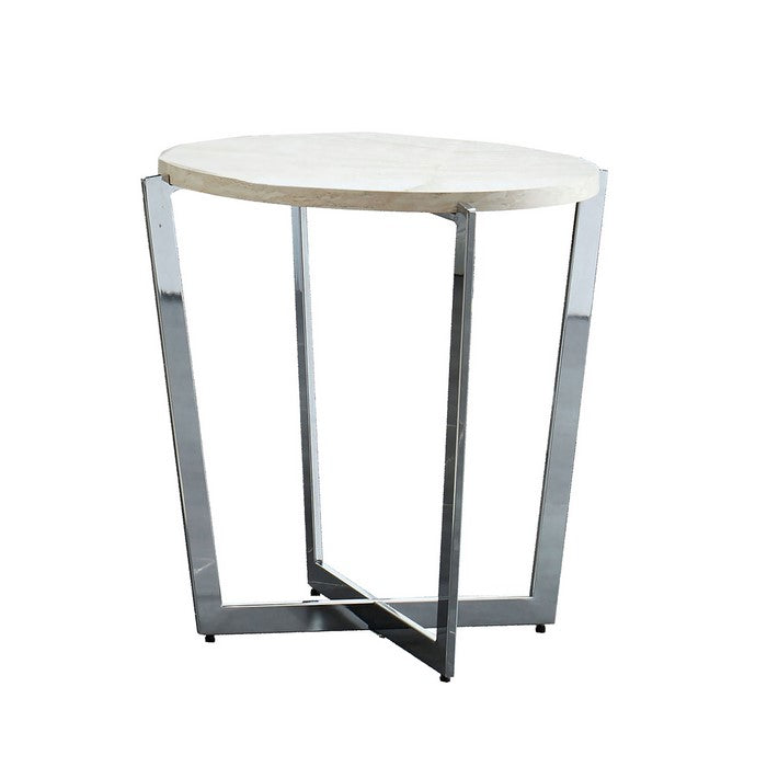 End Table with Round Wooden Top and Crossed Legs, Beige and Silver