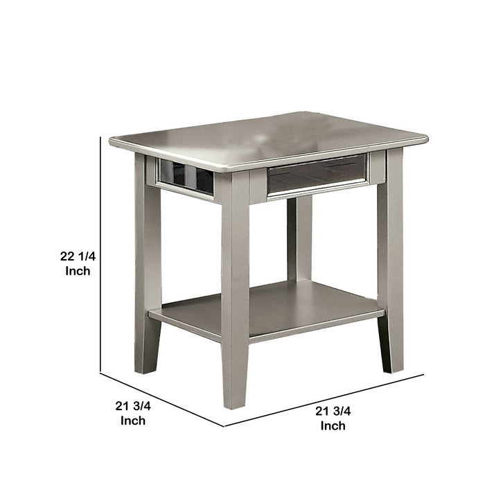 End Table with Open Bottom Shelf and Mirror Panels, Silver
