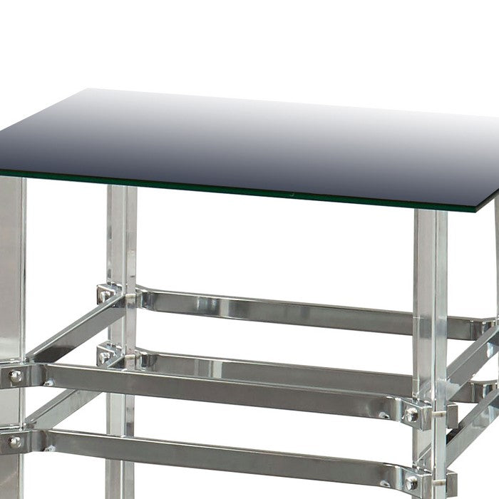 Square Glass and Metal End Table with Tubular Legs, Silver and Clear
